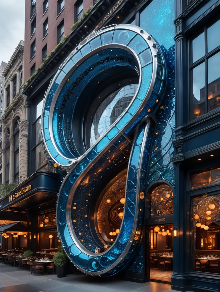 A futuristic neocosmic architectural facade of à Restaurant on the form of a musical note, in New York city, in blue glass, hyper realistic, hyper detailed, Nikon camera