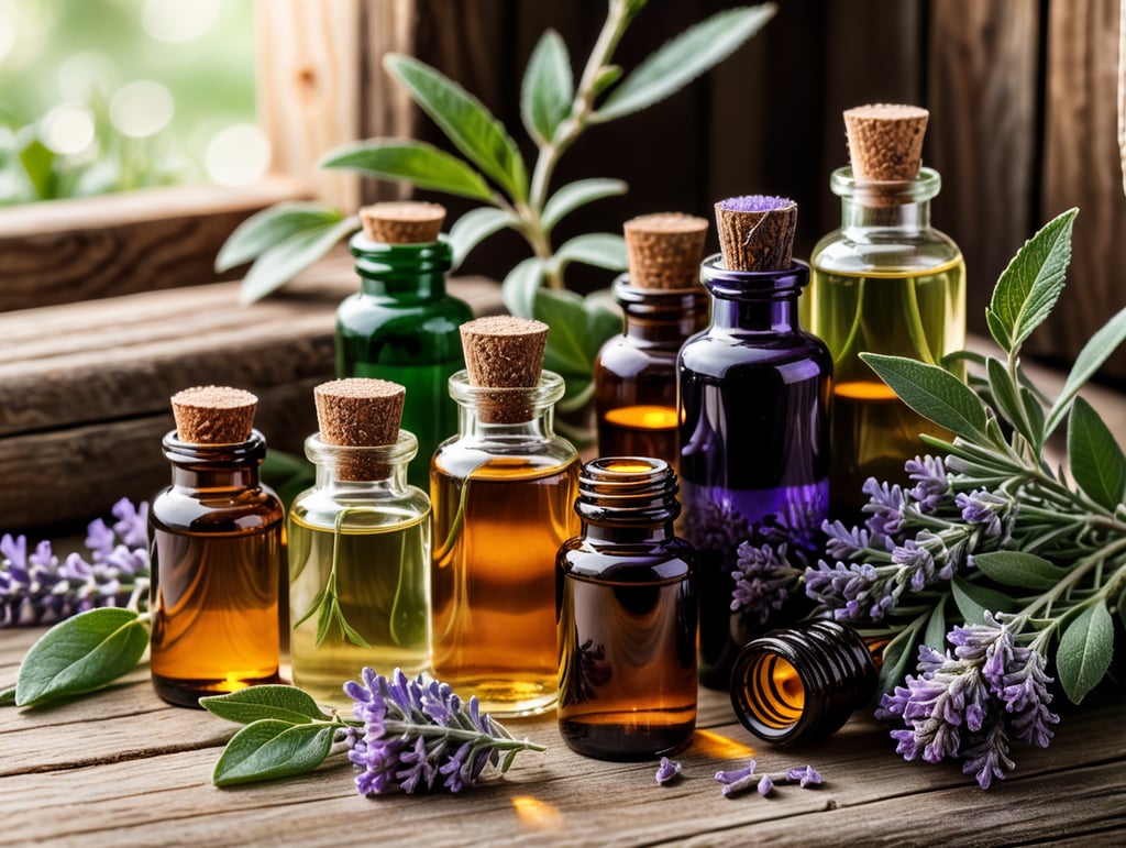 An assortment of essential oil bottles with fresh plants from which they're derived, like lavender, peppermint, and rosemary, arranged on a wooden surface.