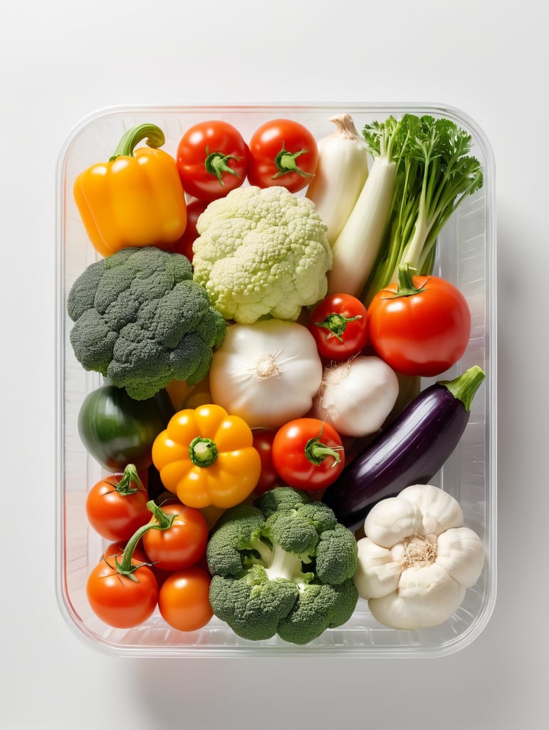 vegetables in a transparent plastic tray, top view, isolated, mockup