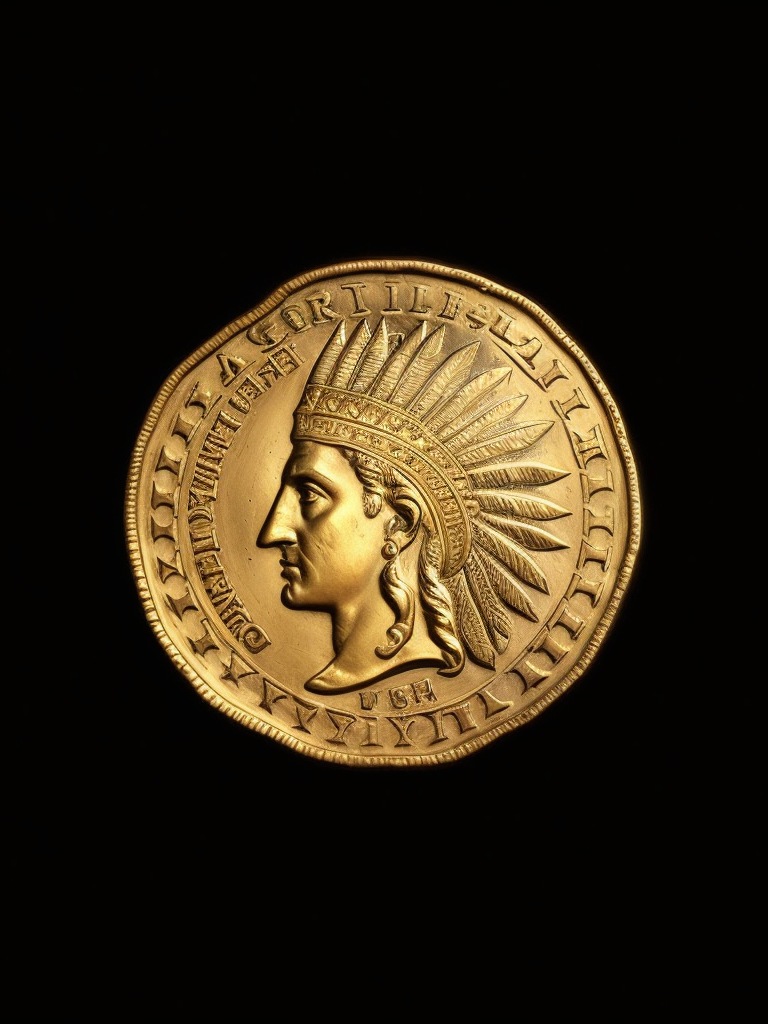 ancient gold carved coin with Indian head, deep carved gold