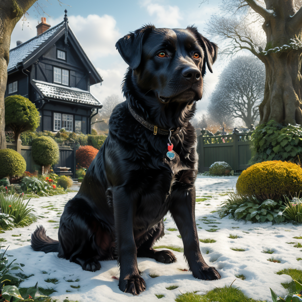 Black dog sitting on the grass in a small English garden. In the winter with snow on the ground. Viewed from ground level.