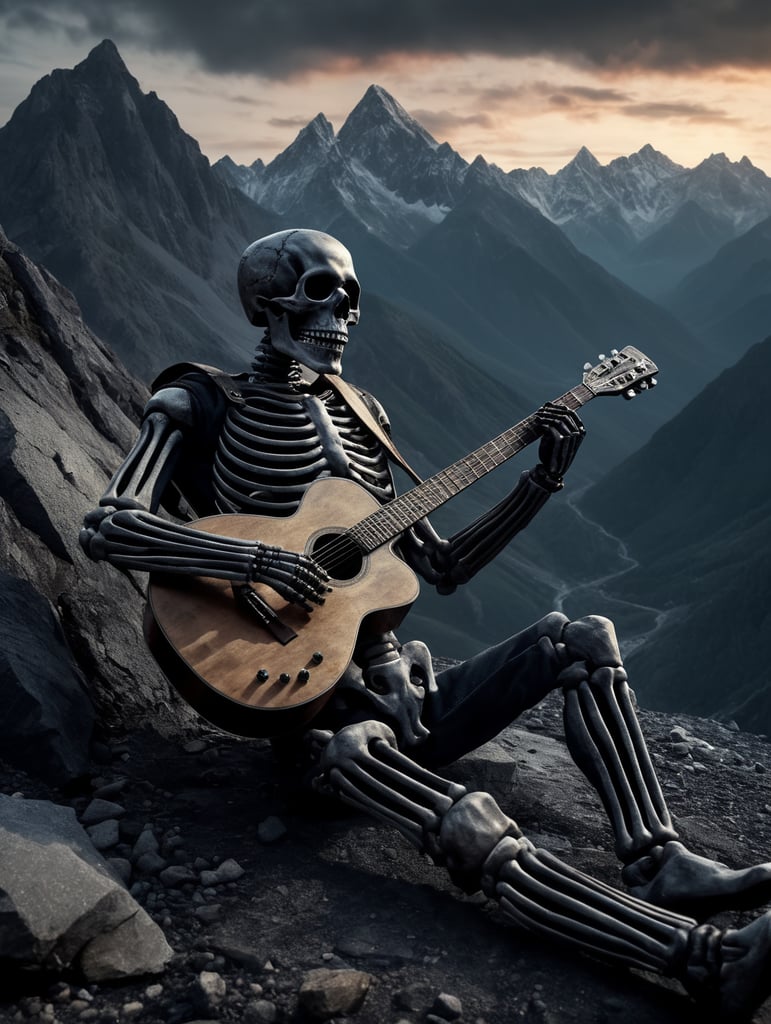 Dead body of a mountaineer playing a guitar. Skeleton, vintage, mountains in the background