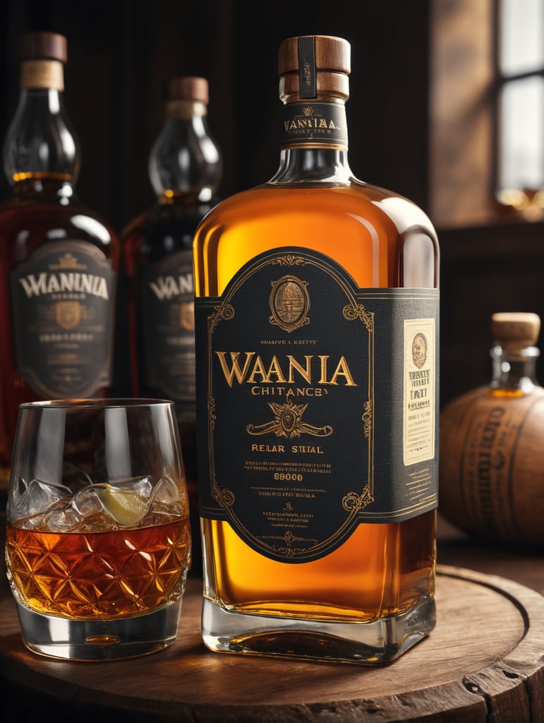 I want to make a 500ml whiskey bottle with an amber drink inside, filled to the top with a wooden stopper and an embossed logo that says "Vania". A bottle and glass of whiskey with lemon inside should stand on the barrel. The drink is whiskey based so we want the branding to be true to the old Irish style with the label being flat and printed.