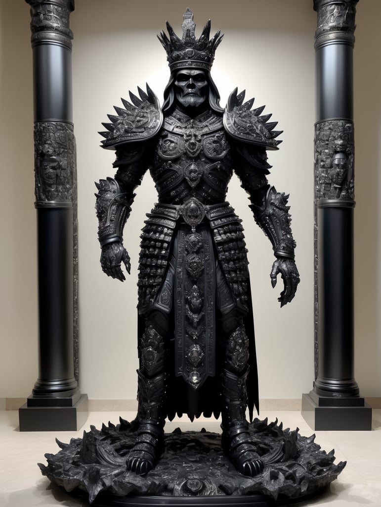 full body obsidian sculpture of the ruler of the dead and the underground, made of all black materials, reflective black obsidian bones, bejeweled armour and crown, sharp, extremely detailed, extremely intricate, volumetric lighting, photorealistic, 8k