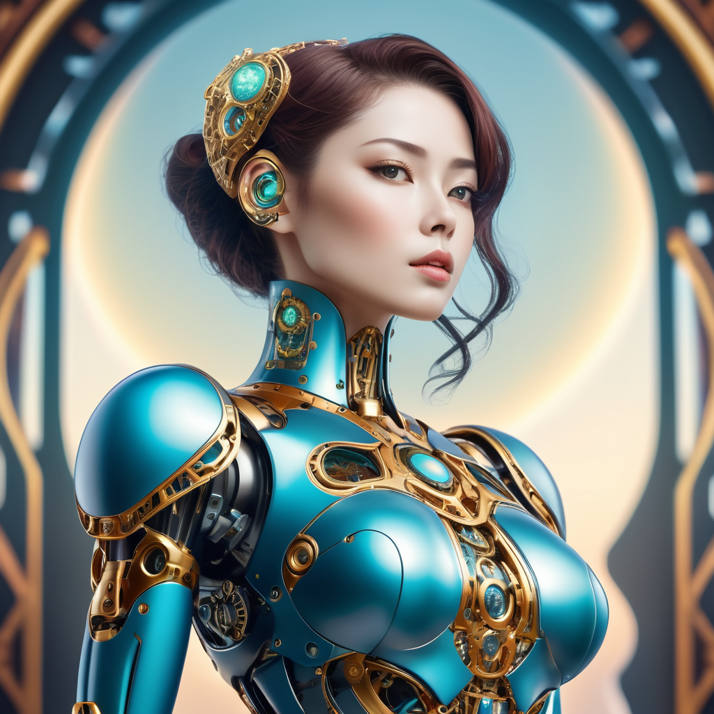 A female robot with an art Nouveau cyberpunk aesthetic, body is made from a delicate mechanical ornamental exterior reminiscent of a delicate gleaming porcelain and gold trimmed filigree should reveal a hollow see through body, hyper-surrealistic detailed 3d rendering digital art style, background galaxy sky