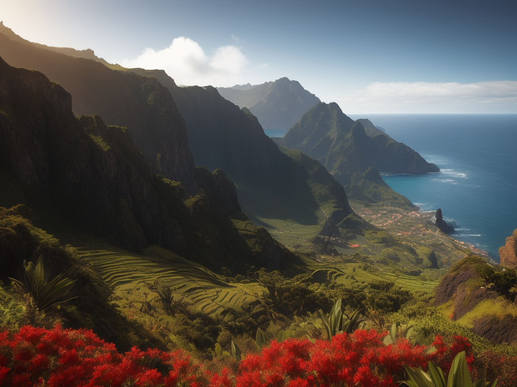 Madeira Island landscape, photorealistic, serene, peaceful, majestic, high detail, landscape, ultra hd, matte painting, highly detailed, concept art, contrast light, deep colors