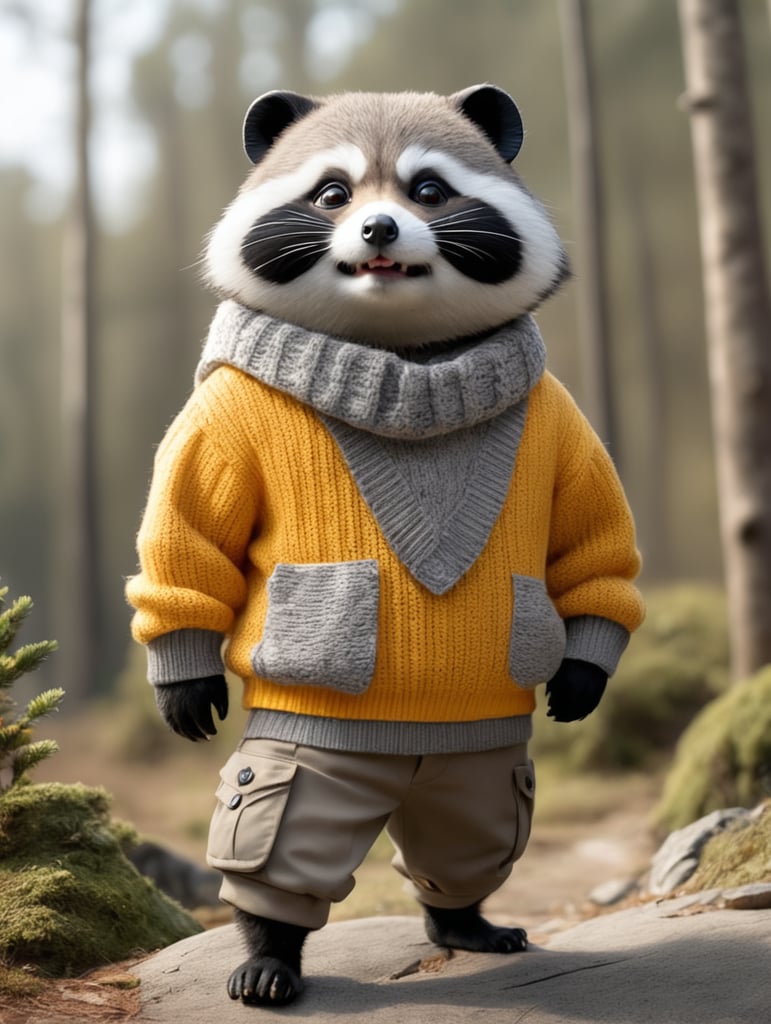 A tanuki wearing a cheery sweater and gray cargo pants.