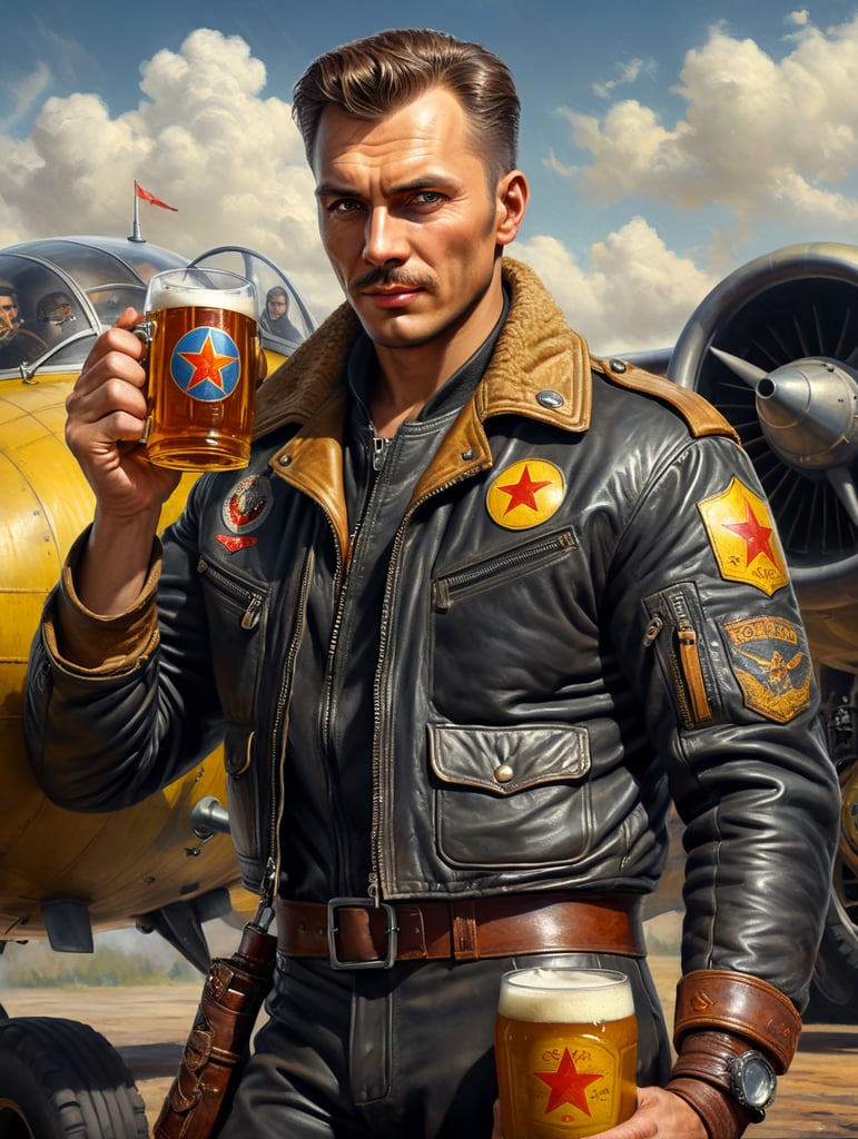 A Soviet male pilot dressed in a flying bomber leather jacket holds a mug of kvass in his hands, in the background a Soviet yellow barrel on wheels with kvass can be seen