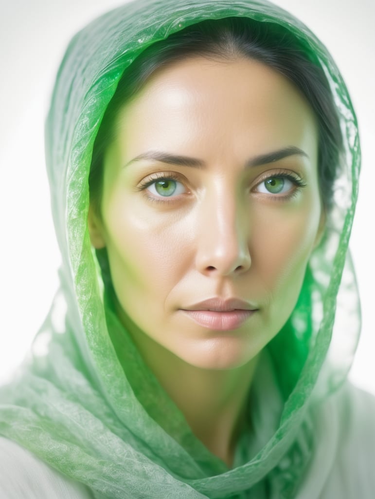 Portrait of a woman experiencing spiritual experience, wrapped green film