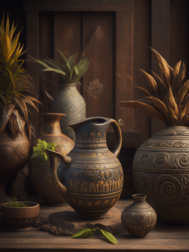 foto de jarra precolombina hecha en la jarra está centrada en la foto y al fondo, desenfocada, hay decoración precolombina