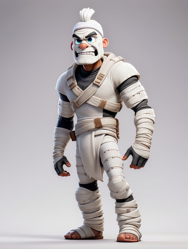 A photograph of mummy costume covered in bandages for a male character with fortnite style, halloween costume, white background, full body