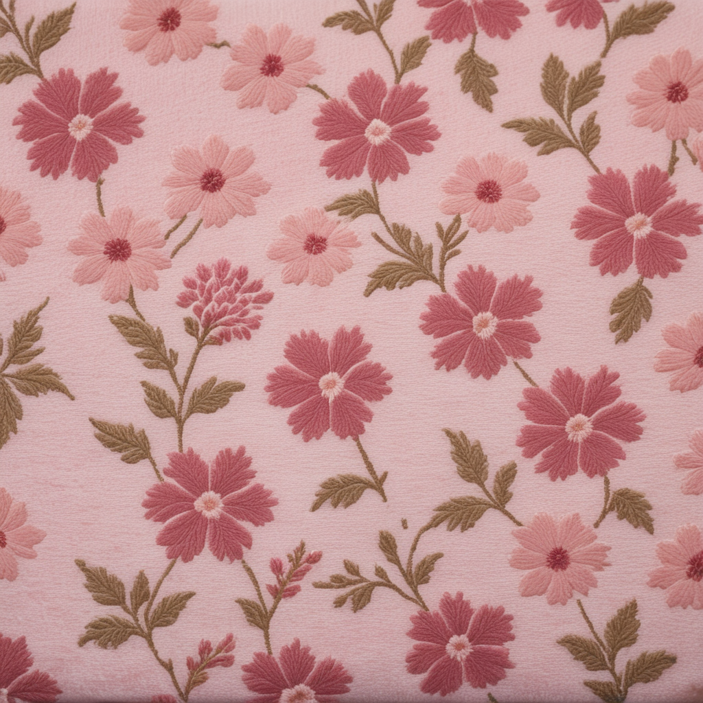 Create a Sherpa fabric texture with a floral pattern in baby pink color, giving it a fluffy and cozy feel.