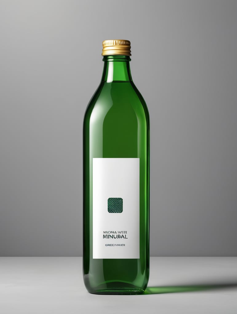 square Green glass bottle with mineral water mockup, no label, isolated, grey background