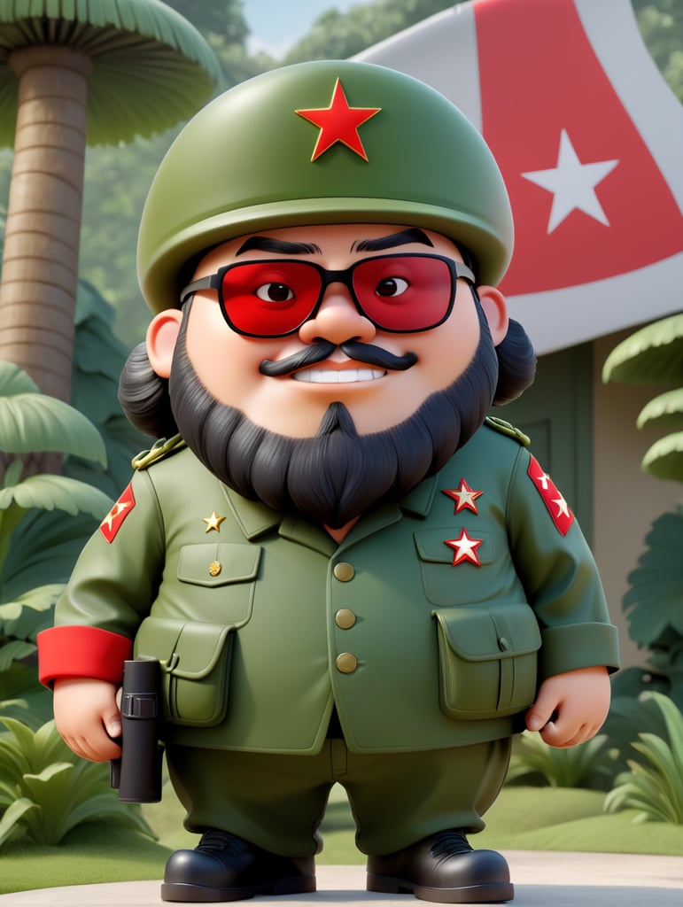 Che guevara Chubby and fat funny cute version with chinese soldier hat with red star pin,big and long hairy beard wear sun glasses square like guerilla, wearing green army jacket from vietnam wars background oval room white house