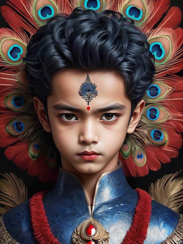 Please, draw a god-like beautiful boy with deep blue skin, coppery big eyes, red lips, curling black hair, and peacock feathers in his hair.