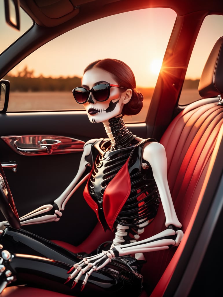 skeleton in sunglasses sitting in car in summer sunset stock photo, in the style of stylized realism, glamorous pin - ups, dark black and red, realistic color palette, sunrays shine upon it, machine aesthetics,futuristic