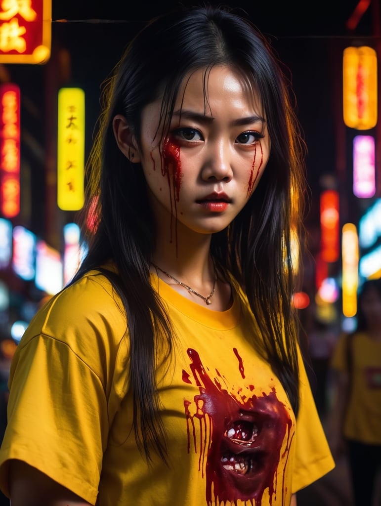 A girl of Asian appearance is dressed in a yellow shirt stained with blood, her face is bloody, against the backdrop of Chinatown and neon lights, dark atmosphere, deep contrasting shadows, Takashi Miike style