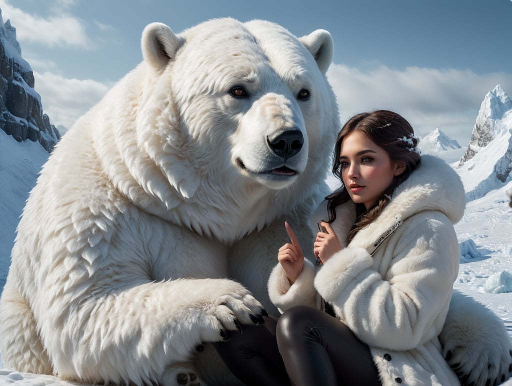 portrait of young woman with dark hair sitting, right hand making a V signd, wearing a thick white fur coat, a polar bear sitting right next to her, polar location, ice and snow, cold environment, highly detailed