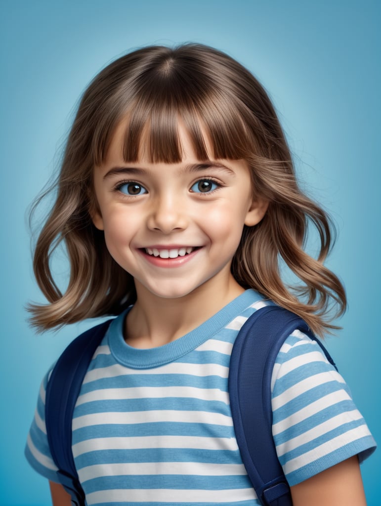 photo happy little girl going to travel, cute girl, Striped T-shirt, blue background, harpers bizarre, cover, headshot, hyper realistic