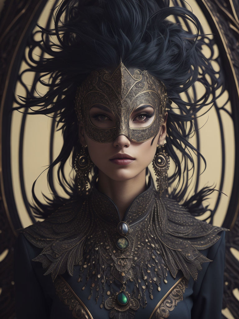 Centered detailed portrait of a masked woman wearing a venetian mask, vibrant peacock feathers, intricate, elegant, highly detailed, digital painting, artstation, smooth, sharp focus, illustration, illuminated lines, outrun, vaporware, intricate venetian patterns, cyberpunk darksynth, by audrey kawasaki and ilya kuvshinov and alphonse mucha