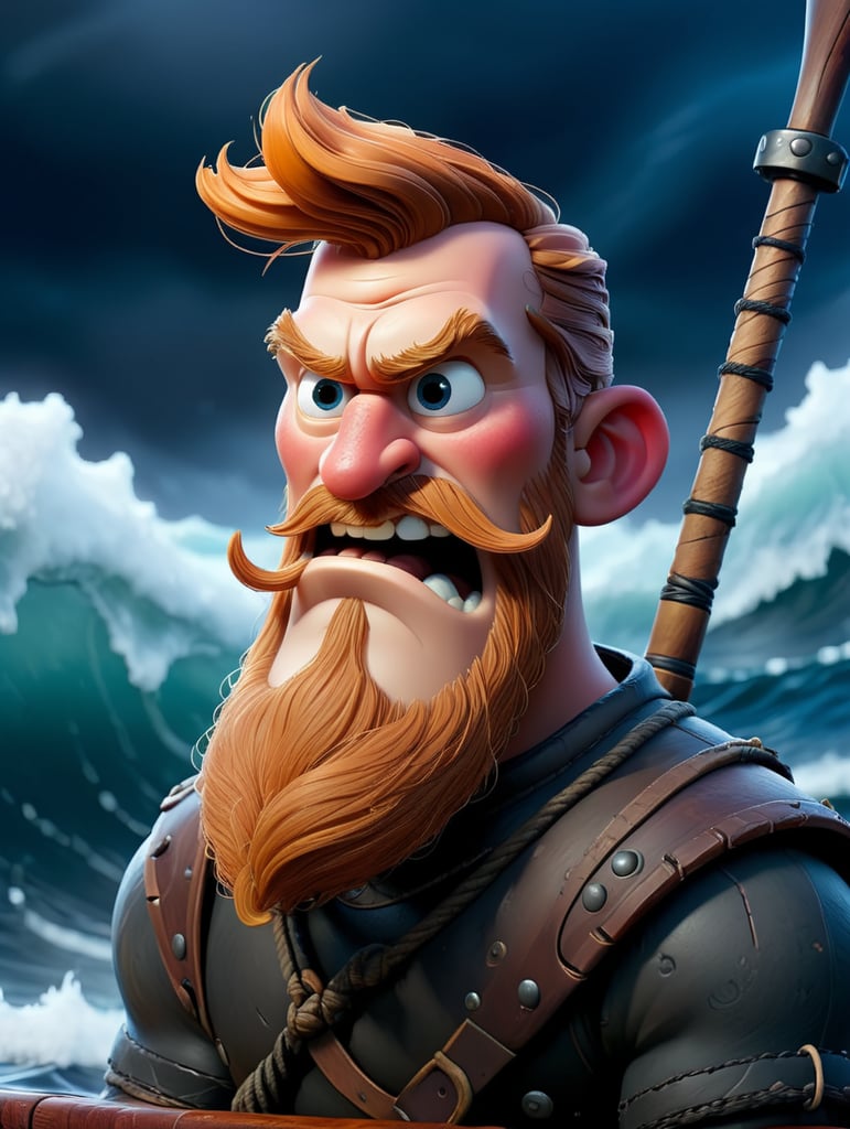 A portrait of viking warrior at the boat in the ocean, stormy weather