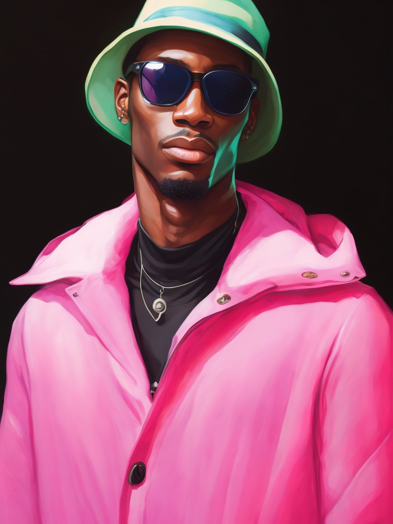 Black male fashion model, Wearing a pink jacket and a green panama hat, large black sunglasses, Black background, Bright and rich colors, bright saturated color, sharp focus,