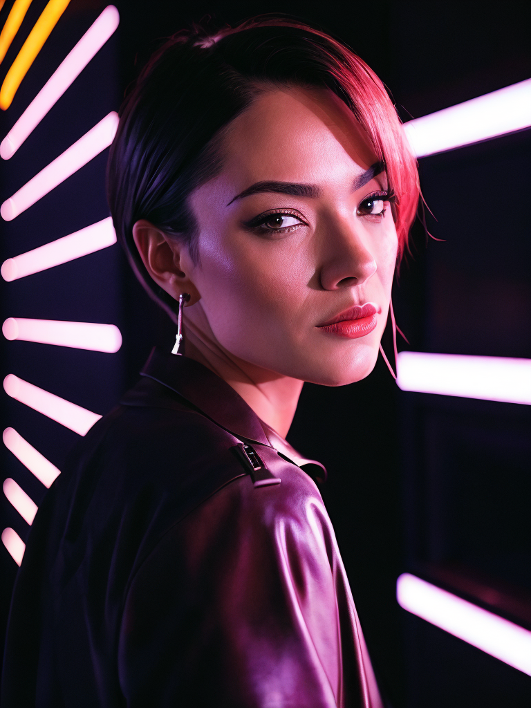 A women with a short black hair, stands near neon light illumination ad, looks on camera, cinematic shot