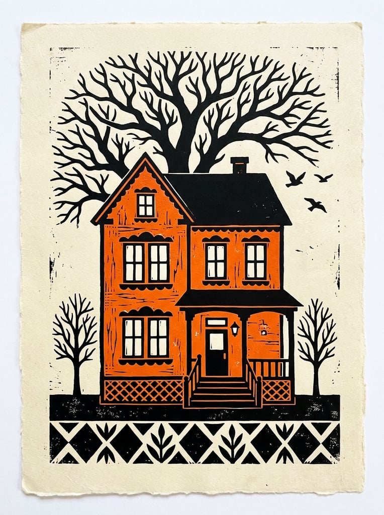 A linocut block print of a three-story house in high-contrast black and vivid orange on a cream background. The vivid orange walls feature black paned windows with scalloped trim, anchored by a solid black roof, porch overhang, and lattice base. A massive, bare-branched black tree silhouette rises behind the roofline into the cream sky, alongside three flying black birds. Two small leafless trees flank the central steps, resting above a geometric bottom border of jagged black diamonds and stylized plants. The illustration showcases bold, flat shapes and rustic hand-carved textures.