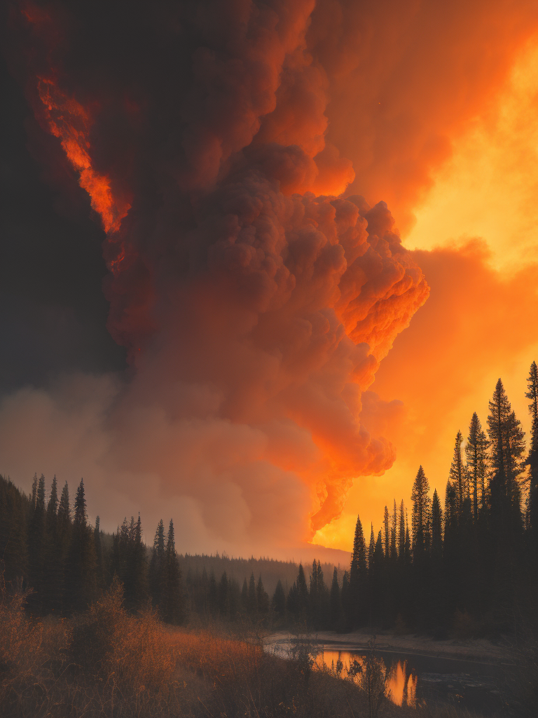 Canada wildfire 2023, Create an image depicting a vast forest landscape in Canada, with flames raging across the horizon. Show the smoke billowing into the sky, casting an ominous orange glow.
