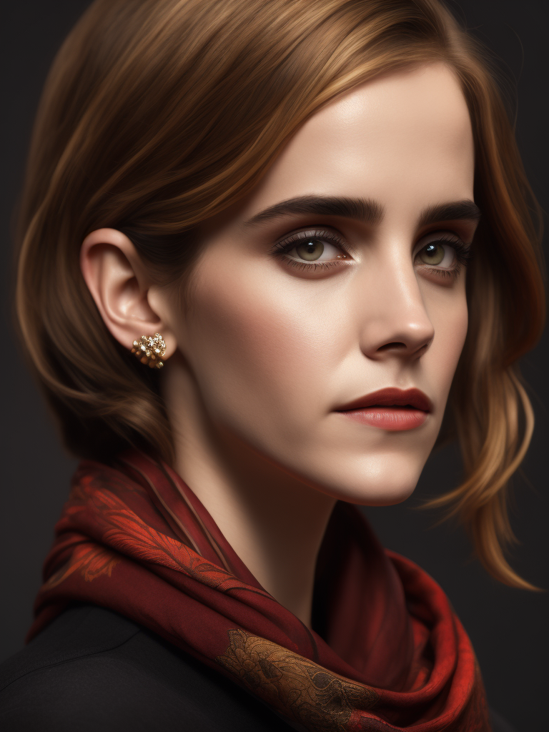 Portrait of Emma Watson wearing black blouse with red scarf, ultra realistic