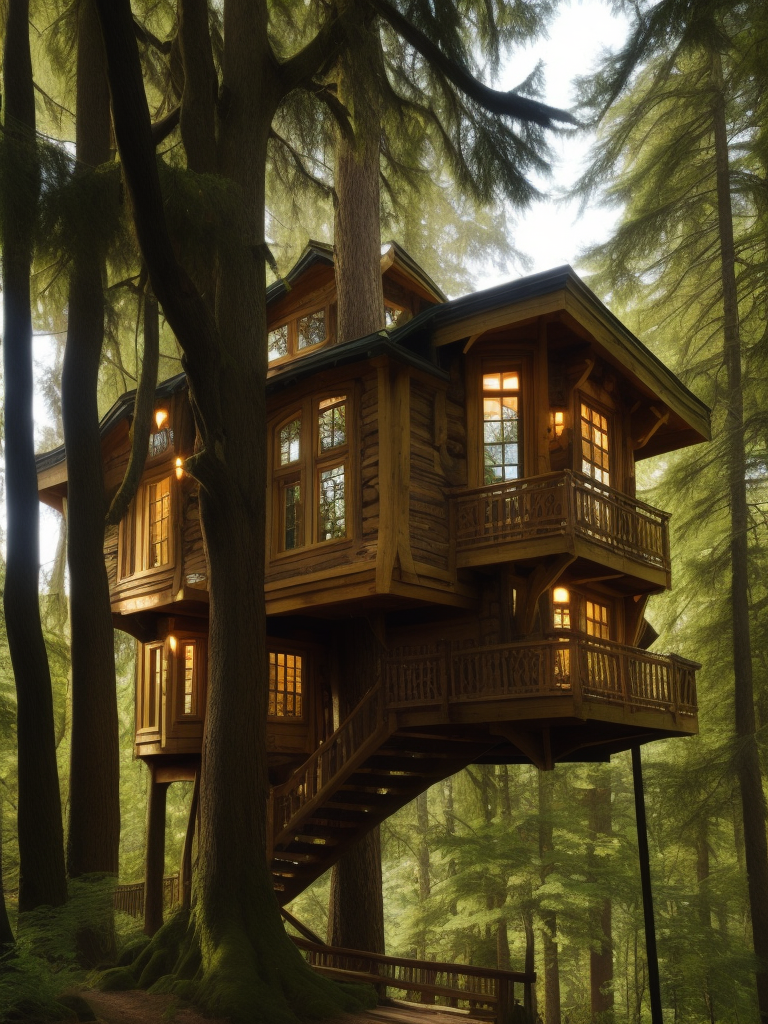 Treehouse with big windows in lush forest, intricate woodworking, incredible details