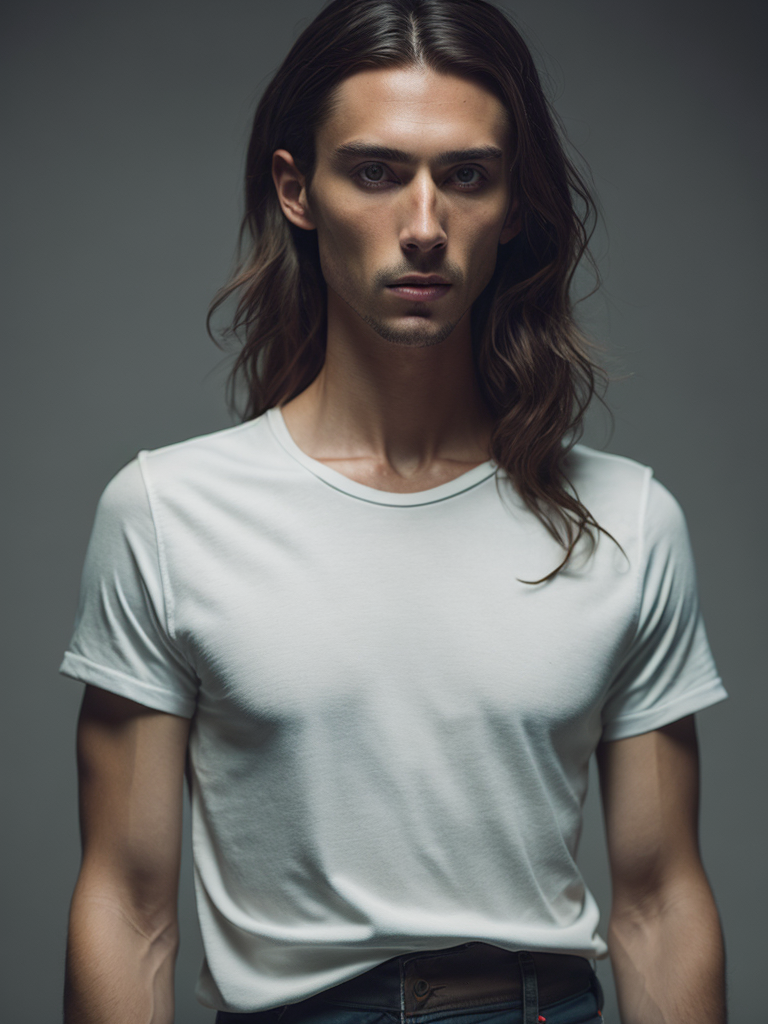 a torso of a man wearing a white t-shirt, front view, grey background