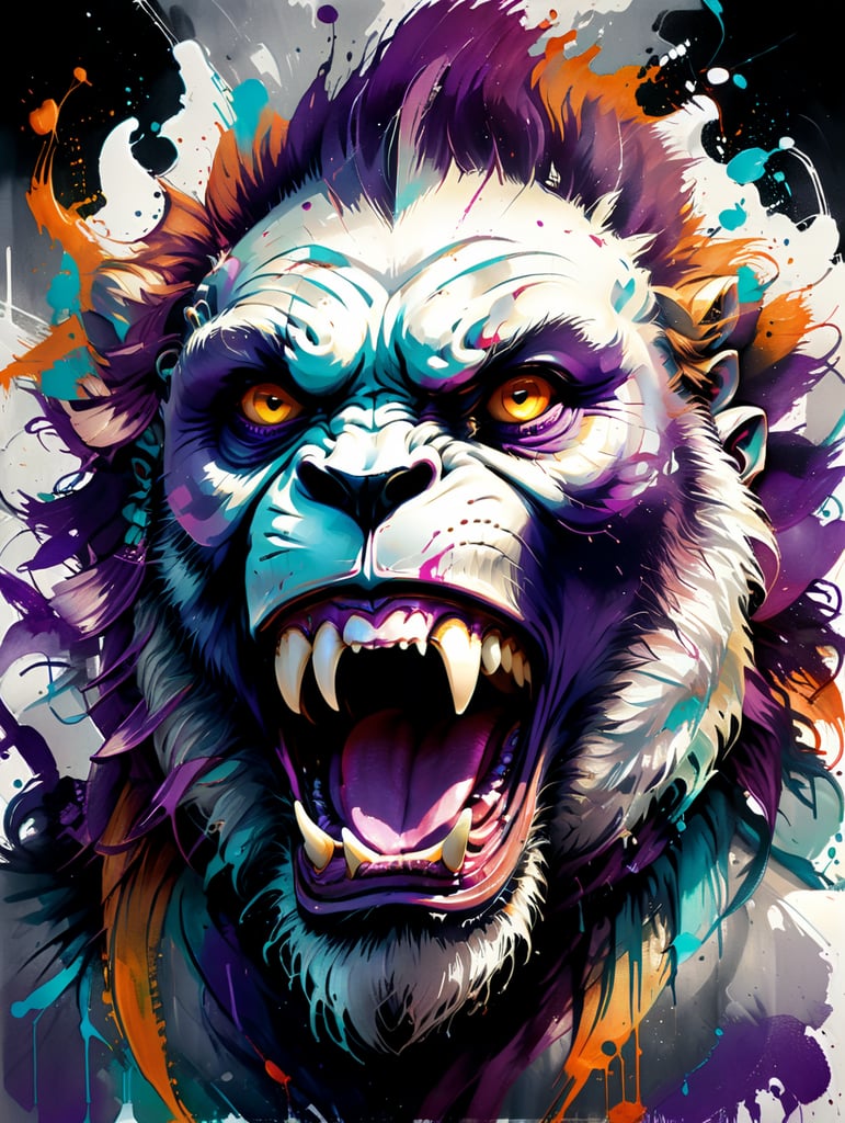 A close-up of the face of a purple gorilla with a lion's mane shouting on white background