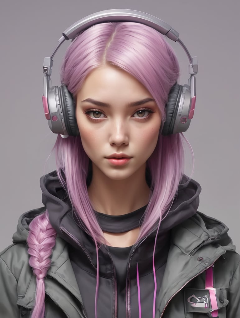 digital art vector cyberpunk girl with pink purple hair and headphones