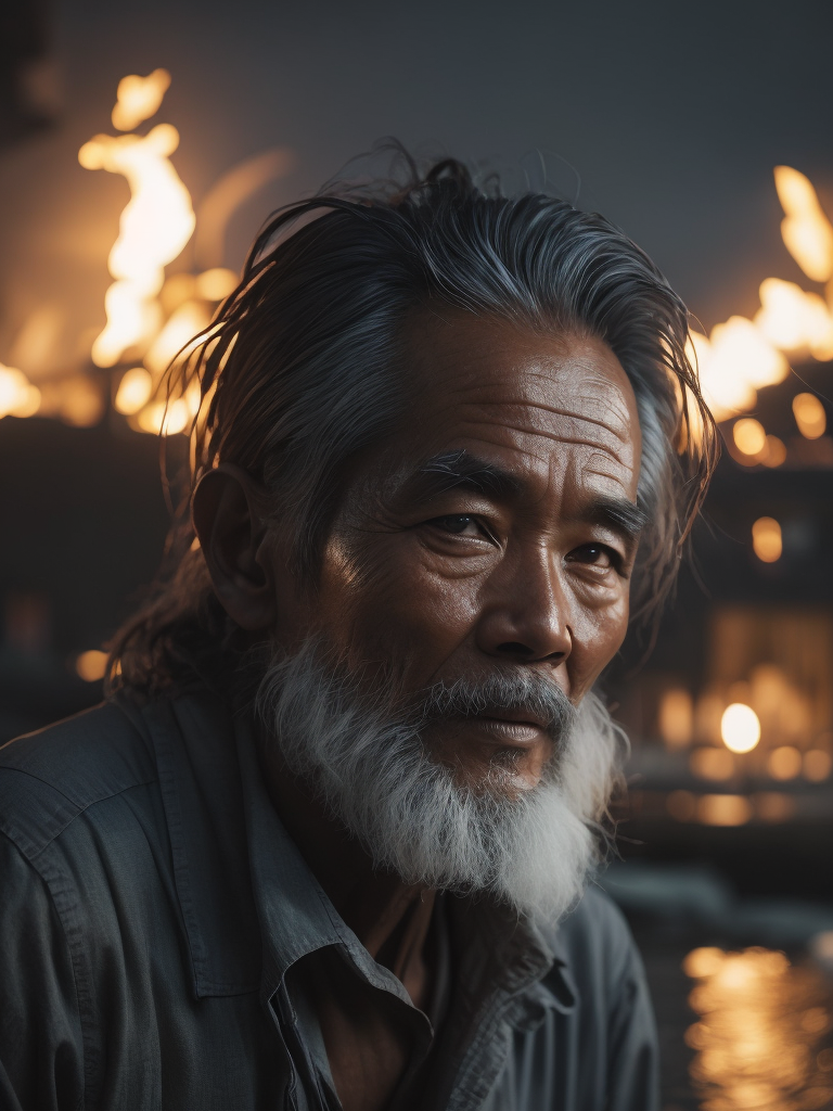 A close-up of a Vietnamese old man's face, illuminated by the light of a fire, with a backdrop of a dirty river and a shanty town.