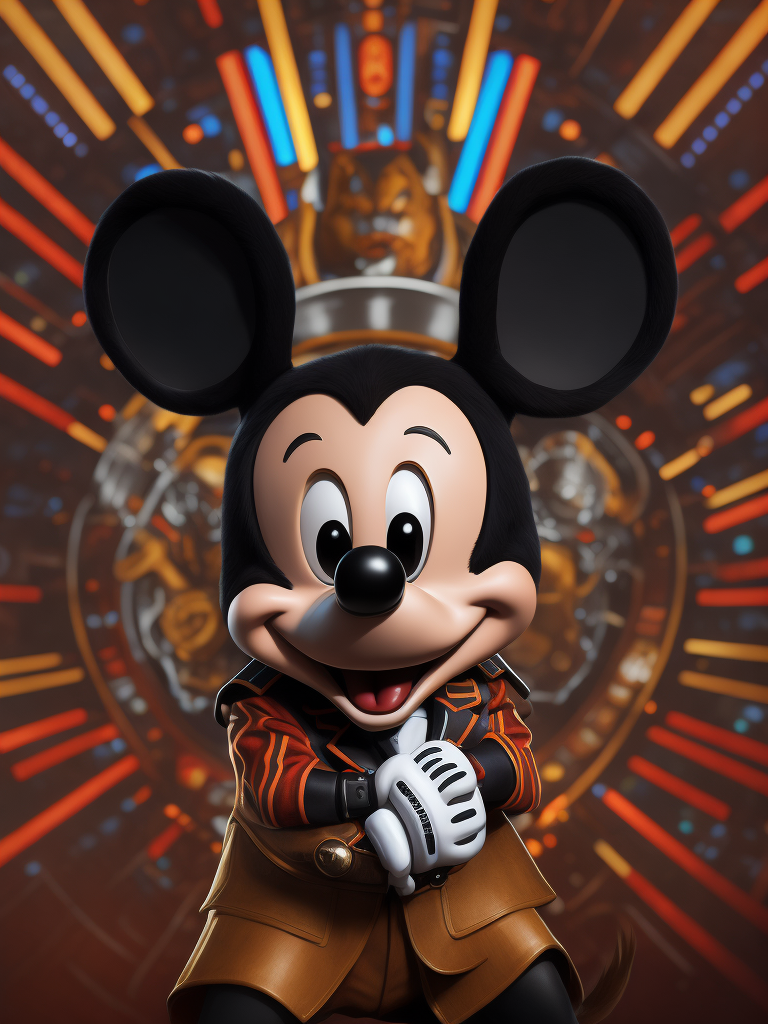 Portrait of Mickey Mouse is an American cartoon character in Nazi uniform and Hitler moustache. Dark psychedelic, trippy, extremely detailed vibrant, cinematic lights, hyper realistic, hyper detailed, Sony Alpha α7, photorealistic