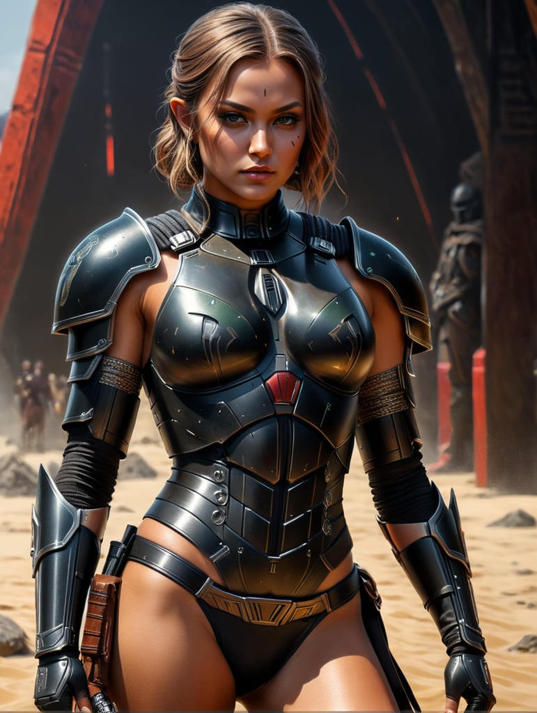 Young female jedi with black bikini mandalorian armor