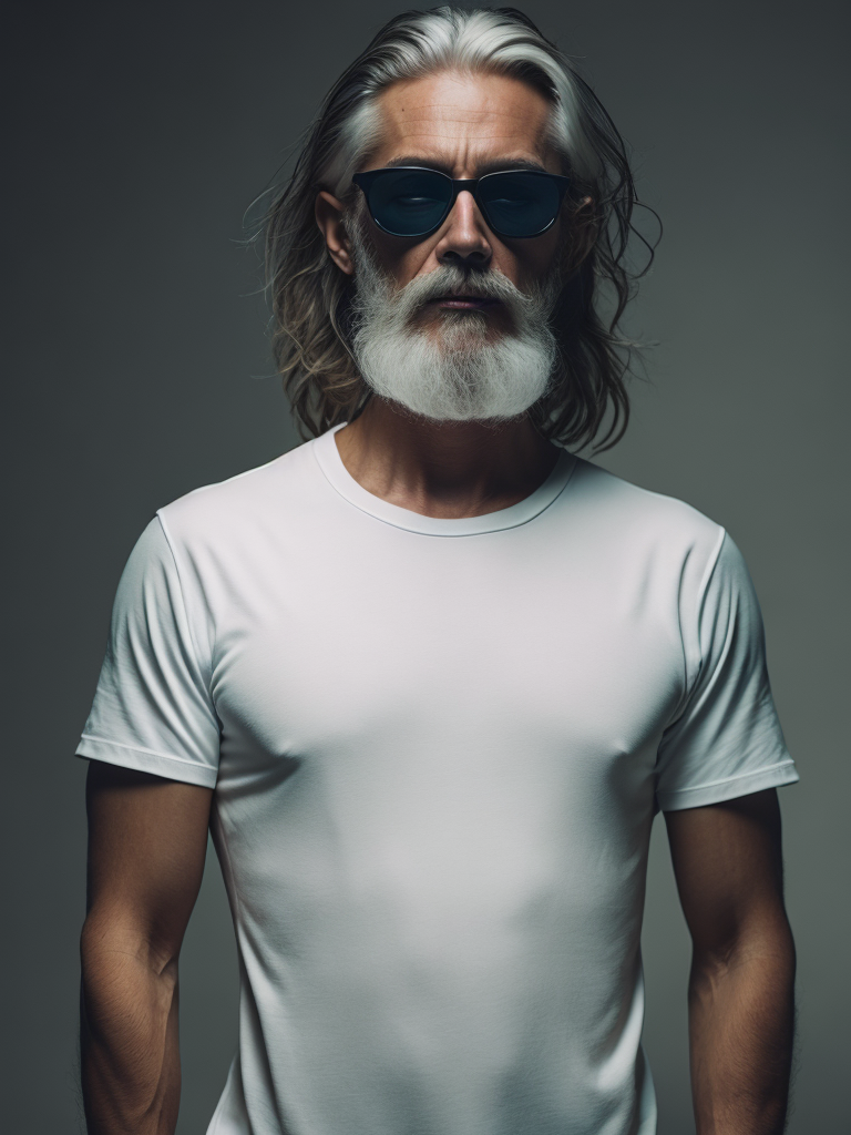 a torso of a (very old man), wearing ((black sunglasses)), white t-shirt, (((white hair))), front view, grey background