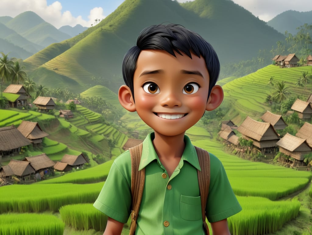 Show beautiful views of remote villages in Indonesia with views of hills and lush green rice fields. The appearance of Joko, a boy, aged 15 years, happily and enthusiastically helping his parents work in the rice