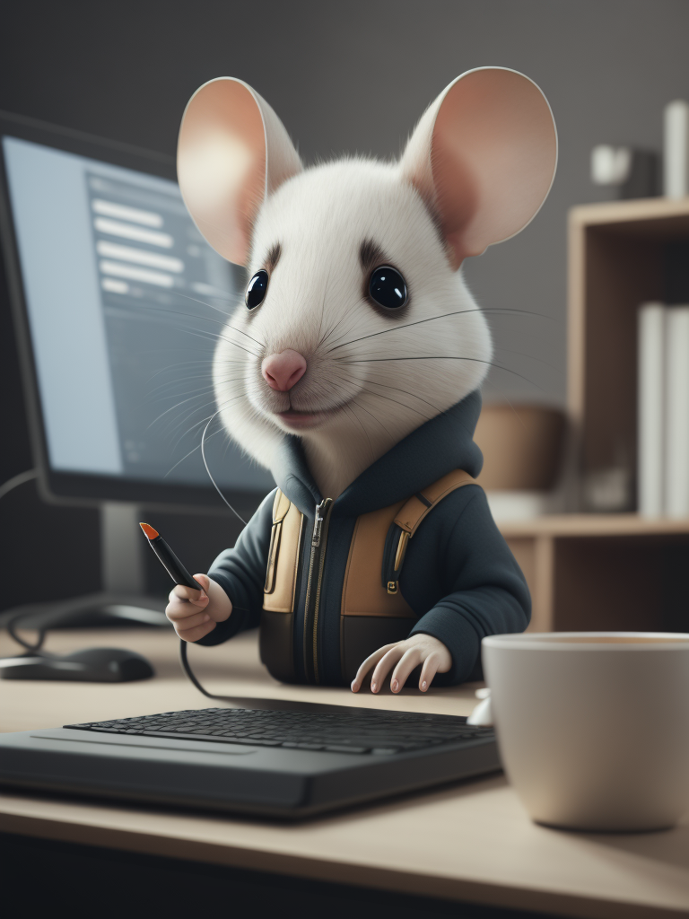 Cute white mouse look like a human stylized as a software engineer near the computer