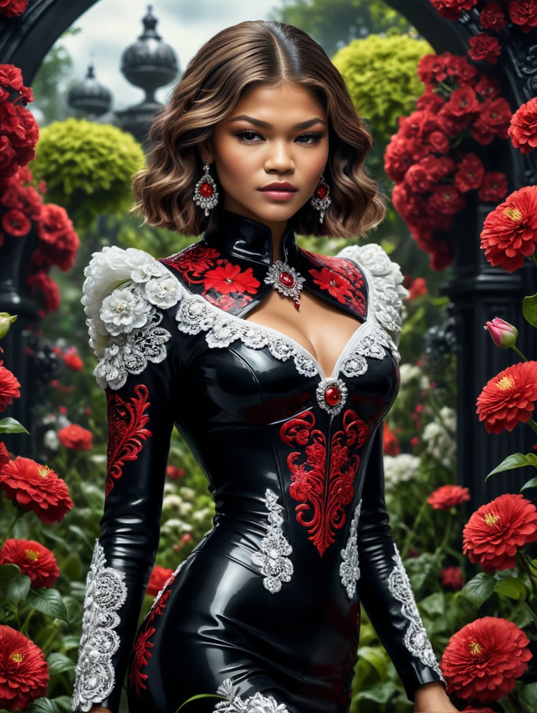 Zendaya with Dior poison perfume covered in a floral garden of red and black and white flowers