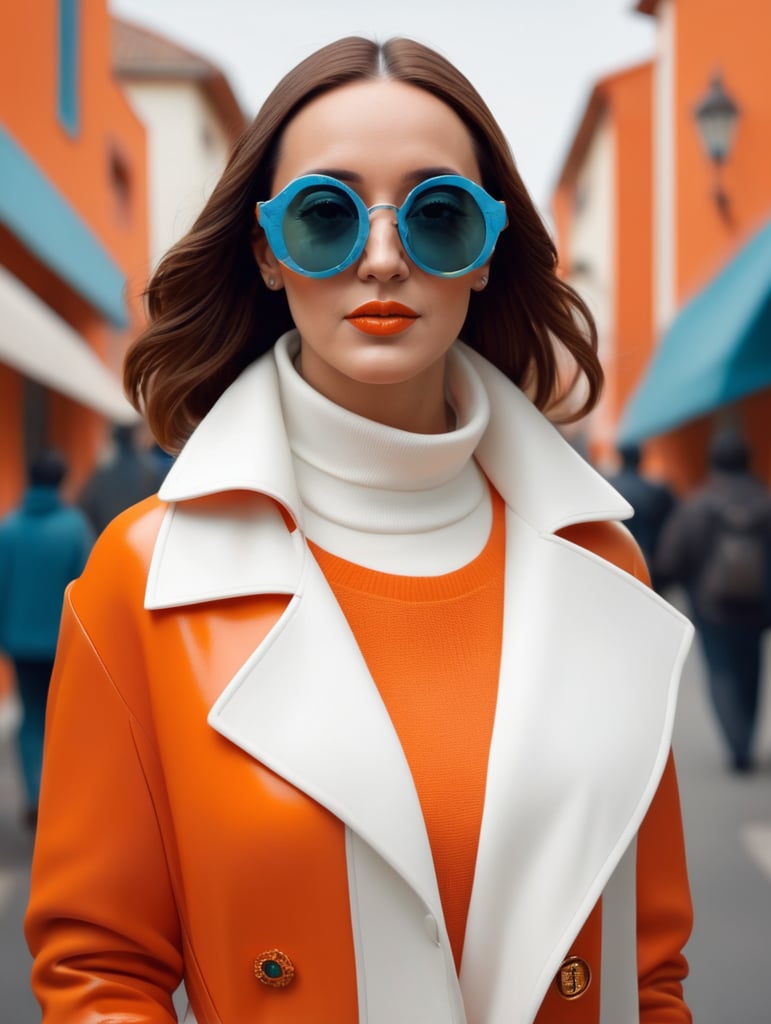Front face half body photography, in a suburb, Pope Francis wearing a orange color sweater and wide open white coat and large sunglasses walking in the street, 360 degree view, art by sergio lopez, natalie shau, james jean and salvador dali