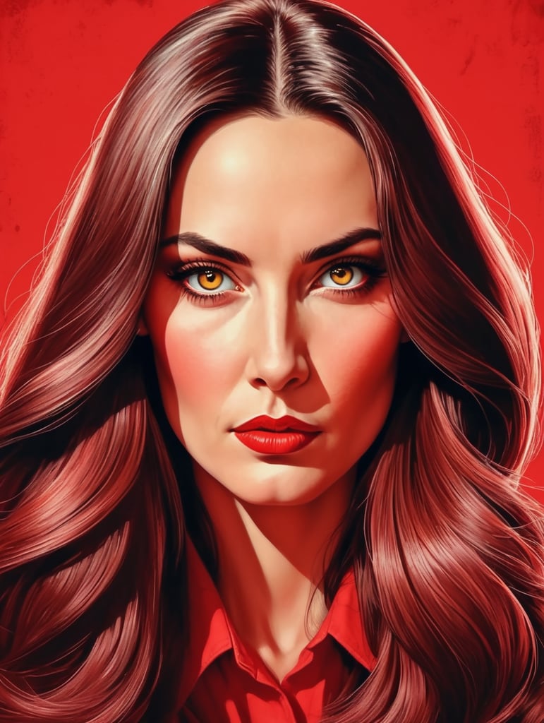 Kind beautiful mother with long hair, red background eye-catching poster-style drawing and illustration representing the iconic pulp style.