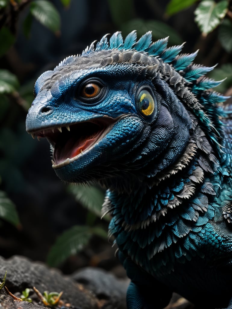 Blue feathered lizard, Vibrant colors, Depth of field, Incredibly high detail, Blurred background