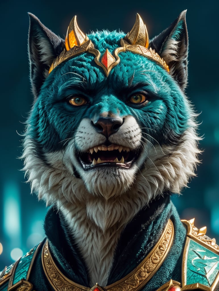 add much more background space behind make background dark like night time add in very long teeth make furrier and character to be more turquoise in colour