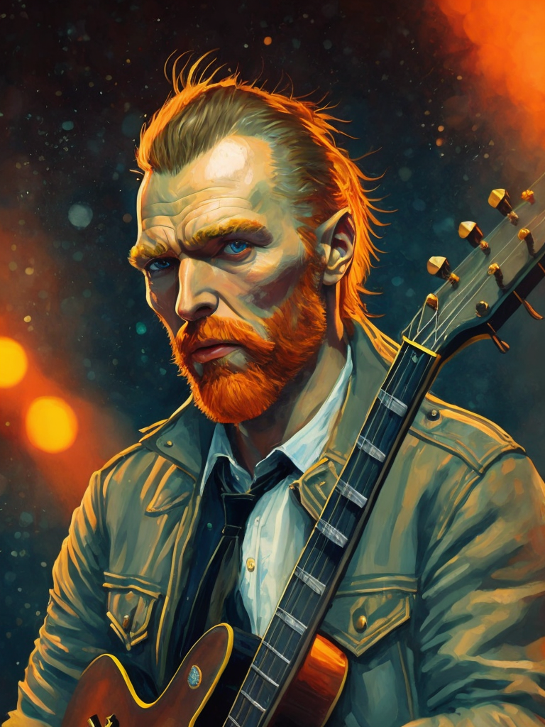 Rock star vincent van gogh on stage with his band at a big festival, van gogh style