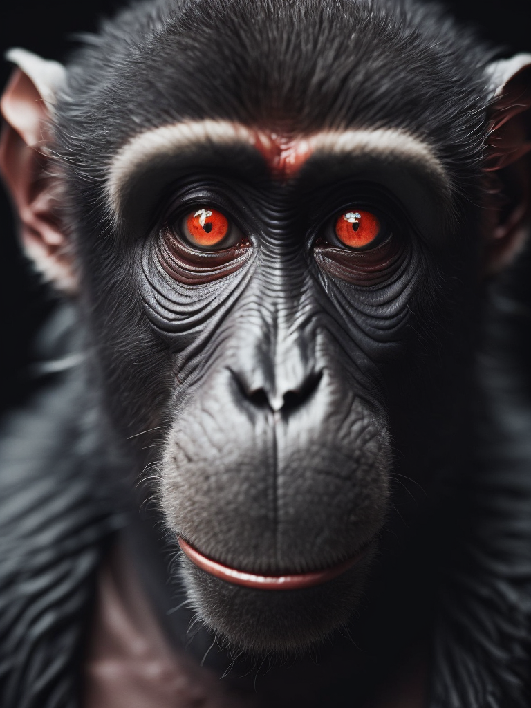Monkey with red eyes, dark style, focus on face, sharp on details, black background