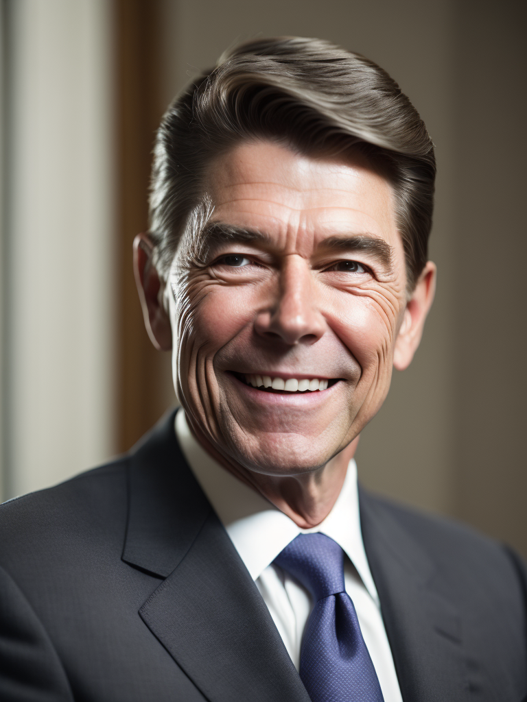 Portrait of ronald reagan in a dark gray suit, portrait in the white house oval office, sharp focus, highly detailed, photorealistic photoreal: 1.4, lifelike,highly detailed CG unified 8K,looking at the viewer smiling, (HQ skin:1.4), 8k uhd, dslr, soft lighting, high quality, film grain, Fujifilm XT3, smiling front camera.