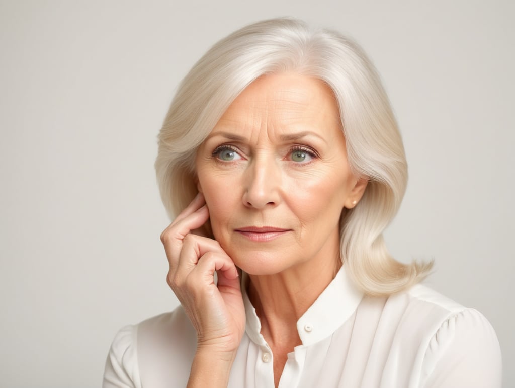 Blonde middle aged woman ponders on something keeps hand near face, white hair, white blouse, mature women, pretty old women, isolated, white background