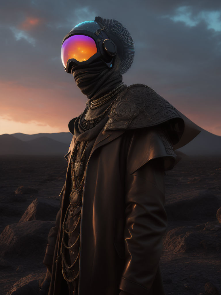 an professional high fashion portrait studio on a tarot card of an epic, masterpiece, alien friendly standing on moon wearing a high fashion dress and a neon visor in an black rock environment at dawn with a galactic black hole, expansive:2 hyper realistic, 8k, raytracing, close shot, cinematic look, avant garde fashion look, luxury, elite, cinematic, designer fashion, Alexander McQueen, Rick Owens, Yohji Yamamoto Y3, Balenciaga, Burberry